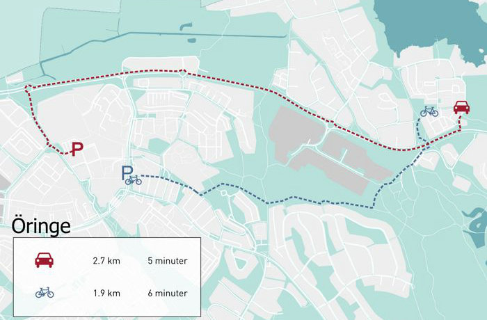 Karta över cykelväg Öringe till Tyresö centrum