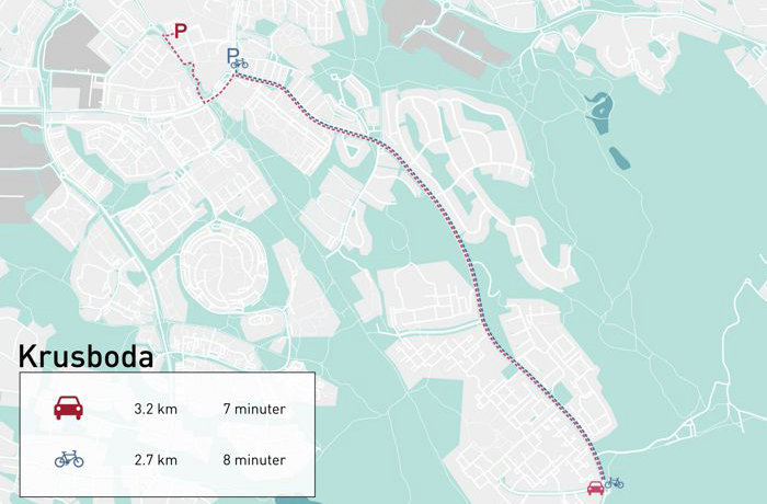 Karta över cykelväg Krusboda till Tyresö centrum.